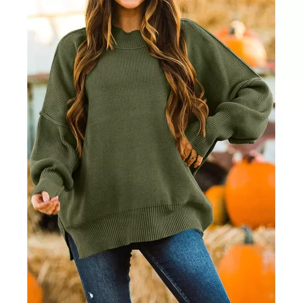 imageZESICA Womens 2023 Fall Casual Long Sleeve Crew Neck Side Slit Oversized Ribbed Knit Pullover Sweater TopsOlive