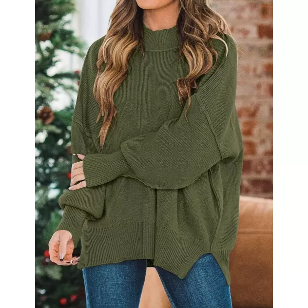 imageZESICA Womens 2023 Fall Casual Long Sleeve Crew Neck Side Slit Oversized Ribbed Knit Pullover Sweater TopsOlive