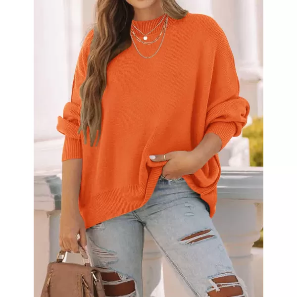 imageZESICA Womens 2023 Fall Casual Long Sleeve Crew Neck Side Slit Oversized Ribbed Knit Pullover Sweater TopsOrange