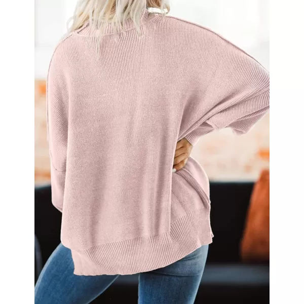 imageZESICA Womens 2023 Fall Casual Long Sleeve Crew Neck Side Slit Oversized Ribbed Knit Pullover Sweater TopsPink