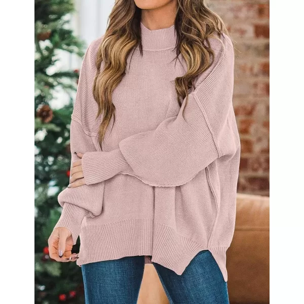 imageZESICA Womens 2023 Fall Casual Long Sleeve Crew Neck Side Slit Oversized Ribbed Knit Pullover Sweater TopsPink