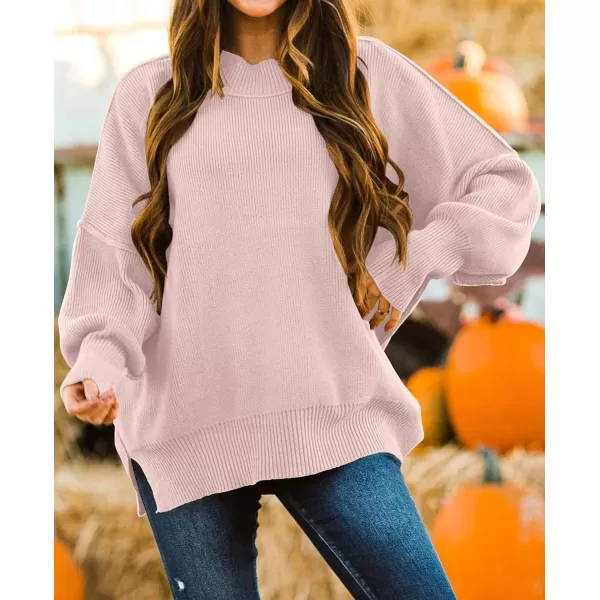 imageZESICA Womens 2023 Fall Casual Long Sleeve Crew Neck Side Slit Oversized Ribbed Knit Pullover Sweater TopsPink