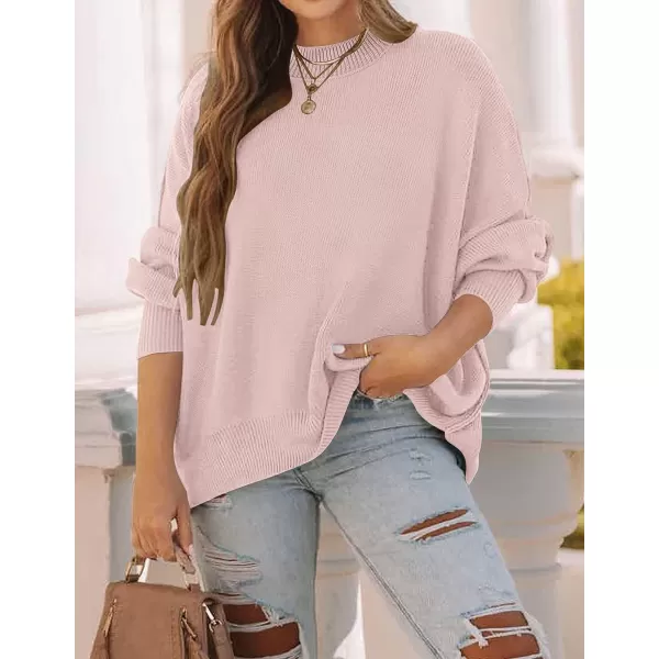 imageZESICA Womens 2023 Fall Casual Long Sleeve Crew Neck Side Slit Oversized Ribbed Knit Pullover Sweater TopsPink
