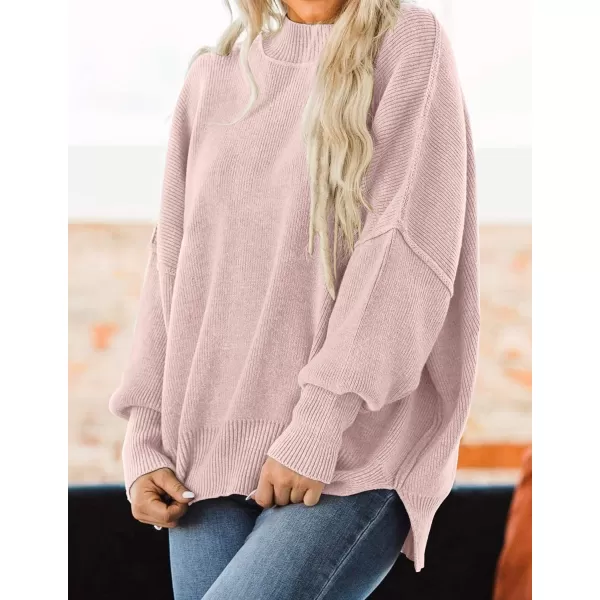 imageZESICA Womens 2023 Fall Casual Long Sleeve Crew Neck Side Slit Oversized Ribbed Knit Pullover Sweater TopsPink