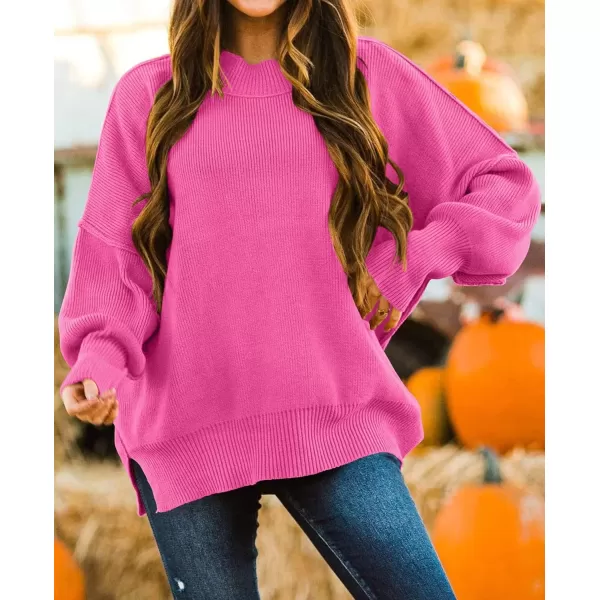 imageZESICA Womens 2023 Fall Casual Long Sleeve Crew Neck Side Slit Oversized Ribbed Knit Pullover Sweater TopsRose