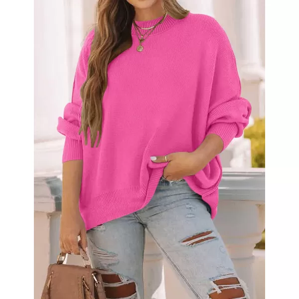 imageZESICA Womens 2023 Fall Casual Long Sleeve Crew Neck Side Slit Oversized Ribbed Knit Pullover Sweater TopsRose