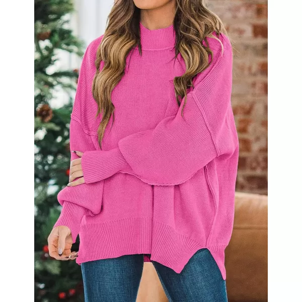 imageZESICA Womens 2023 Fall Casual Long Sleeve Crew Neck Side Slit Oversized Ribbed Knit Pullover Sweater TopsRose