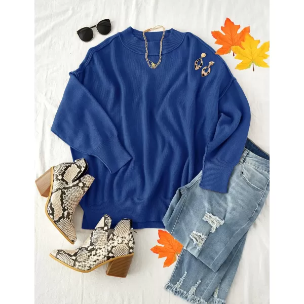 imageZESICA Womens 2023 Fall Casual Long Sleeve Crew Neck Side Slit Oversized Ribbed Knit Pullover Sweater TopsRoyalblue
