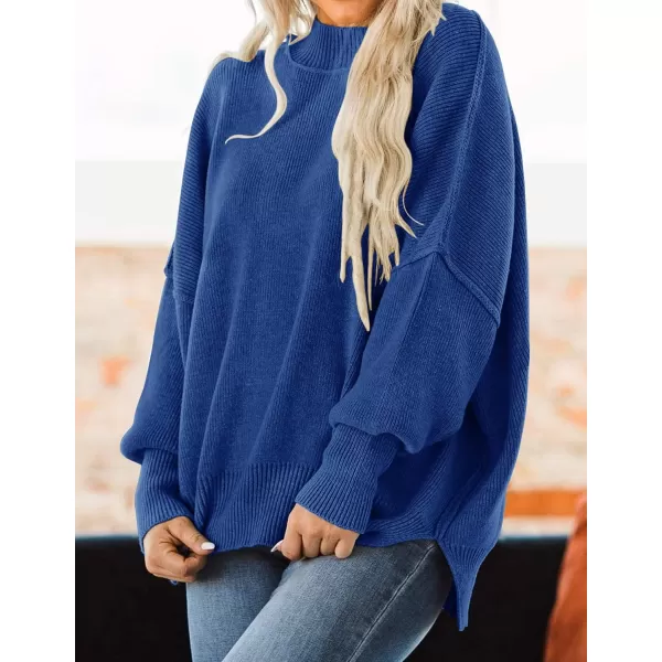 imageZESICA Womens 2023 Fall Casual Long Sleeve Crew Neck Side Slit Oversized Ribbed Knit Pullover Sweater TopsRoyalblue