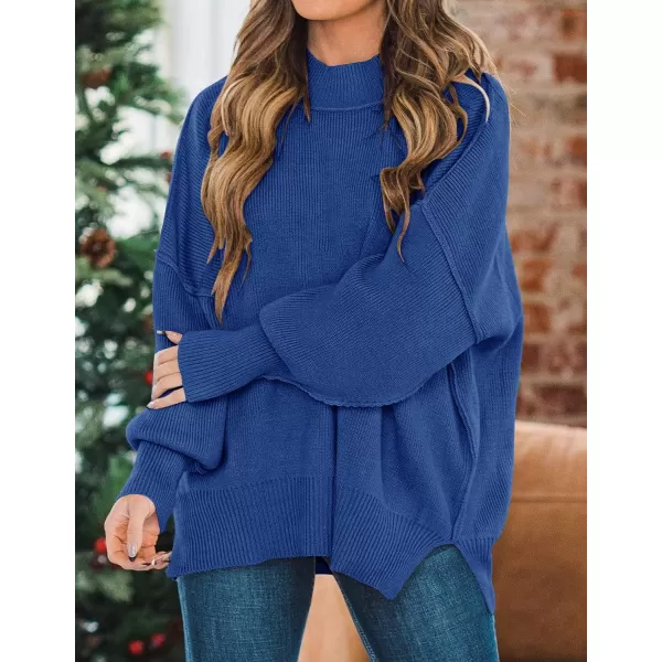 imageZESICA Womens 2023 Fall Casual Long Sleeve Crew Neck Side Slit Oversized Ribbed Knit Pullover Sweater TopsRoyalblue