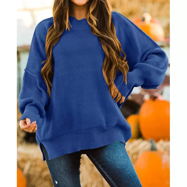imageZESICA Womens 2023 Fall Casual Long Sleeve Crew Neck Side Slit Oversized Ribbed Knit Pullover Sweater TopsRoyalblue