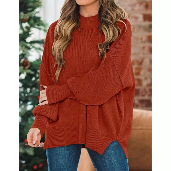 imageZESICA Womens 2023 Fall Casual Long Sleeve Crew Neck Side Slit Oversized Ribbed Knit Pullover Sweater TopsRust