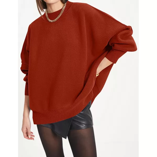 imageZESICA Womens 2023 Fall Casual Long Sleeve Crew Neck Side Slit Oversized Ribbed Knit Pullover Sweater TopsRust