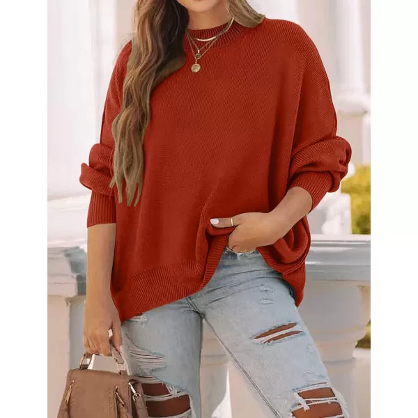 imageZESICA Womens 2023 Fall Casual Long Sleeve Crew Neck Side Slit Oversized Ribbed Knit Pullover Sweater TopsRust