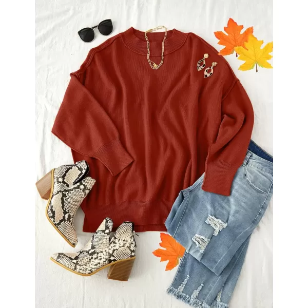 imageZESICA Womens 2023 Fall Casual Long Sleeve Crew Neck Side Slit Oversized Ribbed Knit Pullover Sweater TopsRust