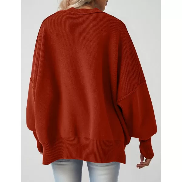 imageZESICA Womens 2023 Fall Casual Long Sleeve Crew Neck Side Slit Oversized Ribbed Knit Pullover Sweater TopsRust