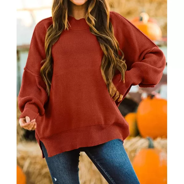 imageZESICA Womens 2023 Fall Casual Long Sleeve Crew Neck Side Slit Oversized Ribbed Knit Pullover Sweater TopsRust