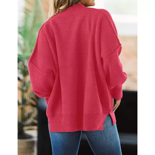 imageZESICA Womens 2023 Fall Casual Long Sleeve Crew Neck Side Slit Oversized Ribbed Knit Pullover Sweater TopsWatermelon