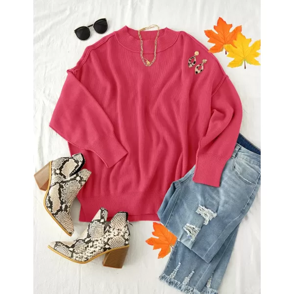 imageZESICA Womens 2023 Fall Casual Long Sleeve Crew Neck Side Slit Oversized Ribbed Knit Pullover Sweater TopsWatermelon