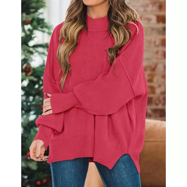 imageZESICA Womens 2023 Fall Casual Long Sleeve Crew Neck Side Slit Oversized Ribbed Knit Pullover Sweater TopsWatermelon