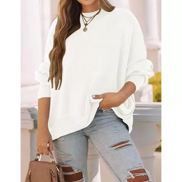 imageZESICA Womens 2023 Fall Casual Long Sleeve Crew Neck Side Slit Oversized Ribbed Knit Pullover Sweater TopsWhite