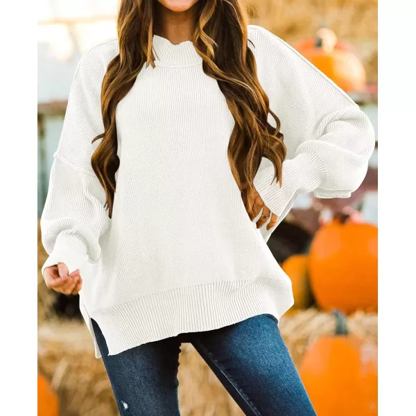 imageZESICA Womens 2023 Fall Casual Long Sleeve Crew Neck Side Slit Oversized Ribbed Knit Pullover Sweater TopsWhite