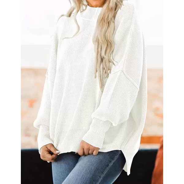 imageZESICA Womens 2023 Fall Casual Long Sleeve Crew Neck Side Slit Oversized Ribbed Knit Pullover Sweater TopsWhite