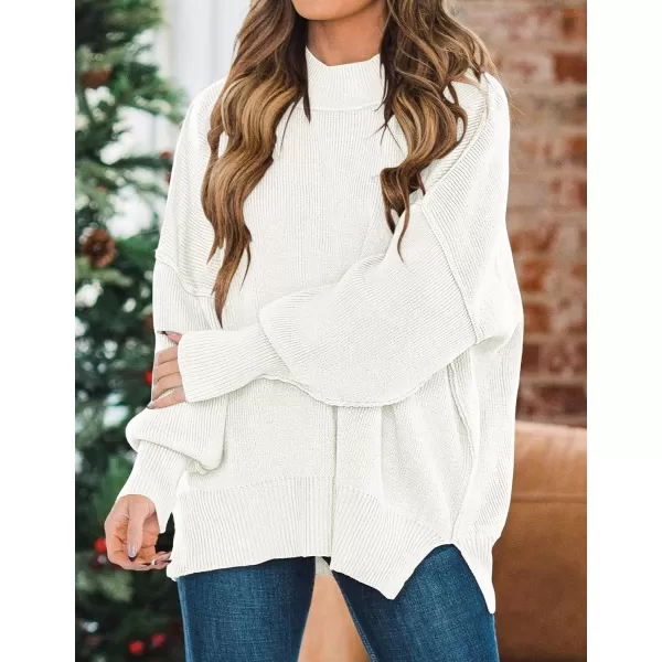 imageZESICA Womens 2023 Fall Casual Long Sleeve Crew Neck Side Slit Oversized Ribbed Knit Pullover Sweater TopsWhite