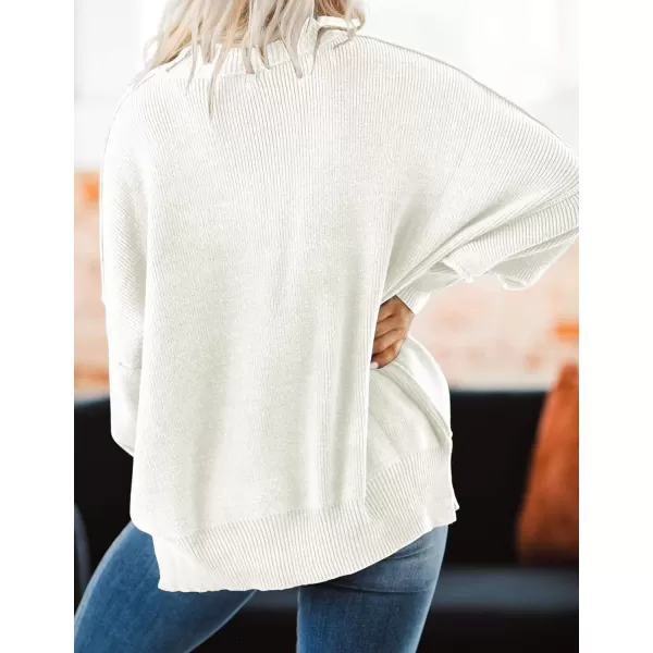 imageZESICA Womens 2023 Fall Casual Long Sleeve Crew Neck Side Slit Oversized Ribbed Knit Pullover Sweater TopsWhite