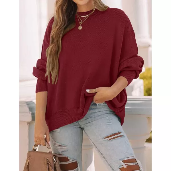 imageZESICA Womens 2023 Fall Casual Long Sleeve Crew Neck Side Slit Oversized Ribbed Knit Pullover Sweater TopsWine