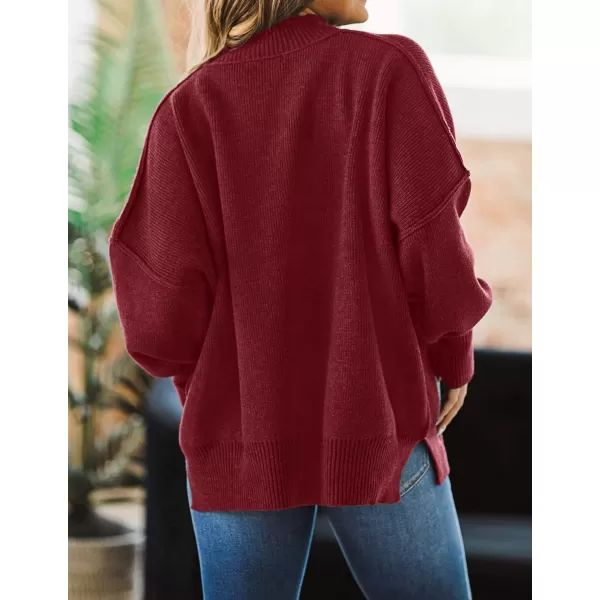 imageZESICA Womens 2023 Fall Casual Long Sleeve Crew Neck Side Slit Oversized Ribbed Knit Pullover Sweater TopsWine