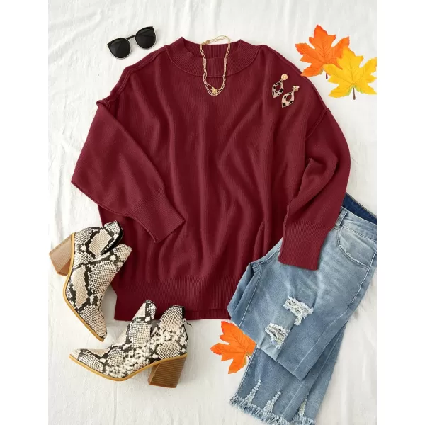 imageZESICA Womens 2023 Fall Casual Long Sleeve Crew Neck Side Slit Oversized Ribbed Knit Pullover Sweater TopsWine