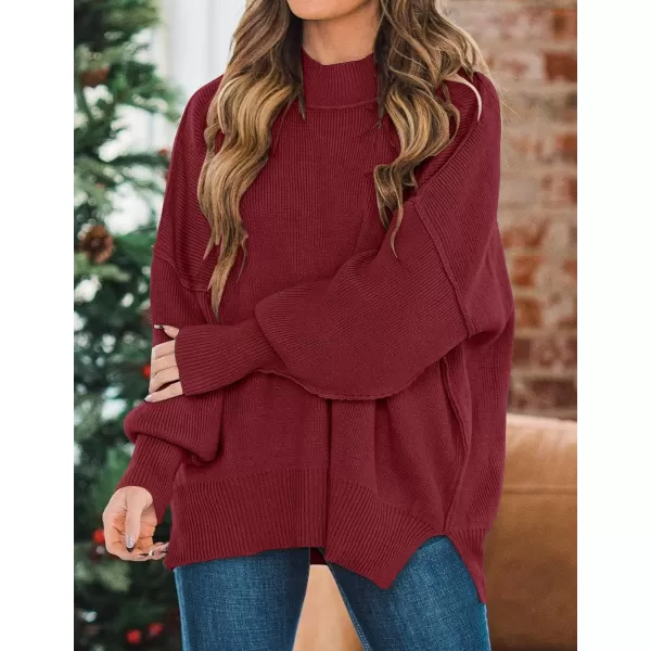 imageZESICA Womens 2023 Fall Casual Long Sleeve Crew Neck Side Slit Oversized Ribbed Knit Pullover Sweater TopsWine
