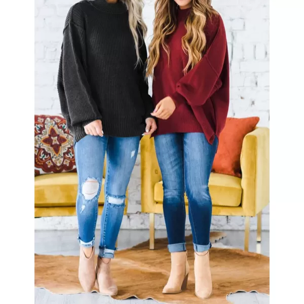 imageZESICA Womens 2023 Fall Casual Long Sleeve Crew Neck Side Slit Oversized Ribbed Knit Pullover Sweater TopsWine