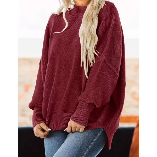 imageZESICA Womens 2023 Fall Casual Long Sleeve Crew Neck Side Slit Oversized Ribbed Knit Pullover Sweater TopsWine