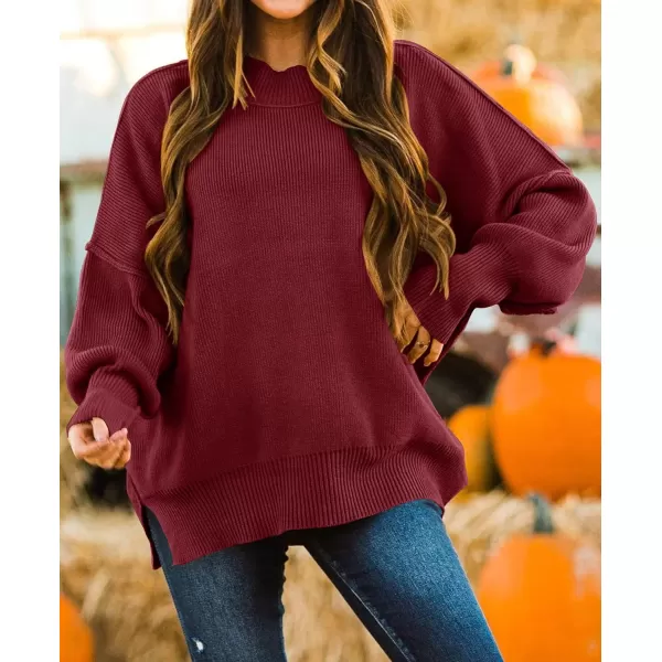 imageZESICA Womens 2023 Fall Casual Long Sleeve Crew Neck Side Slit Oversized Ribbed Knit Pullover Sweater TopsWine
