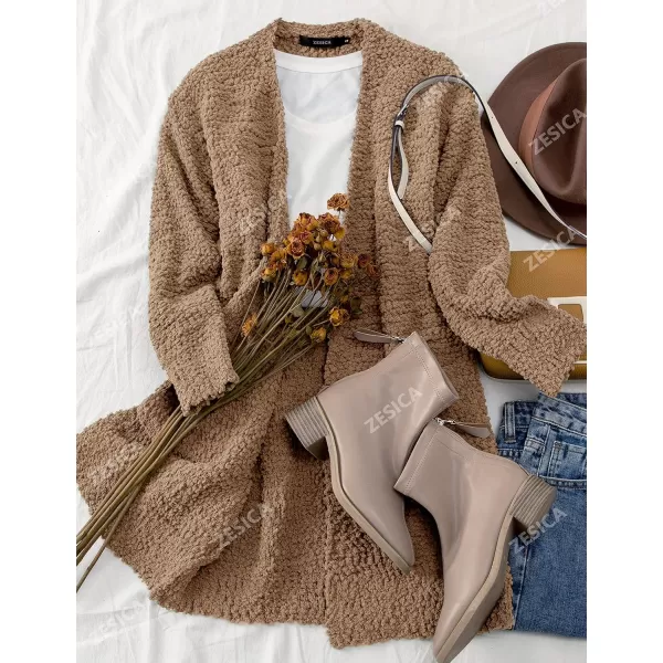 imageZESICA Womens 2023 Fall Casual Long Sleeve Open Front Soft Chunky Knit Sweater Cardigan OuterwearMocha