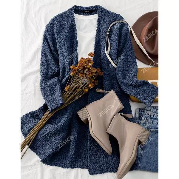 imageZESICA Womens 2023 Fall Casual Long Sleeve Open Front Soft Chunky Knit Sweater Cardigan OuterwearNavy