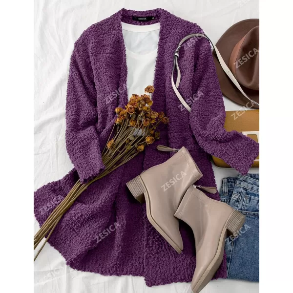 imageZESICA Womens 2023 Fall Casual Long Sleeve Open Front Soft Chunky Knit Sweater Cardigan OuterwearPlum