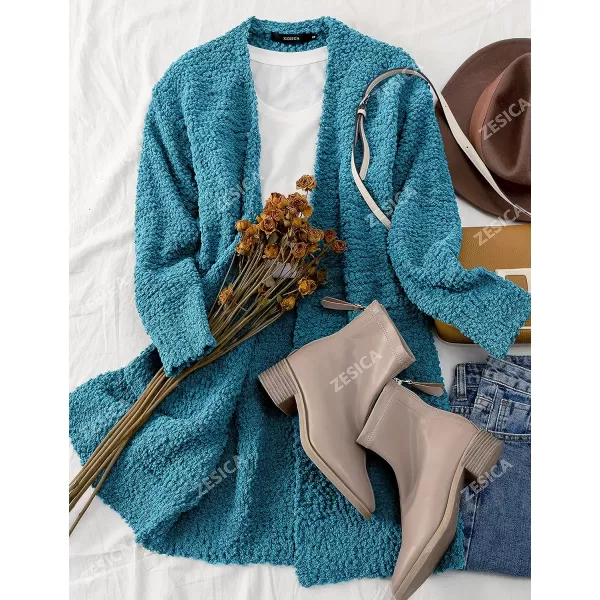 imageZESICA Womens 2023 Fall Casual Long Sleeve Open Front Soft Chunky Knit Sweater Cardigan OuterwearTeal