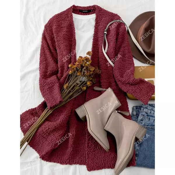 imageZESICA Womens 2023 Fall Casual Long Sleeve Open Front Soft Chunky Knit Sweater Cardigan OuterwearWine