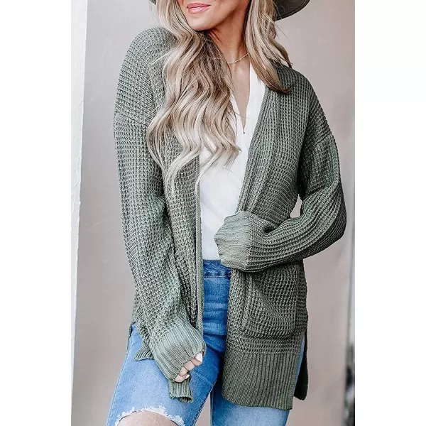 imageZESICA Womens 2023 Fall Casual Long Sleeve Open Front Waffle Knit Sweater Cardigans Coat Outwear with PocketsArmy Green