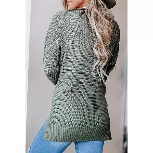 imageZESICA Womens 2023 Fall Casual Long Sleeve Open Front Waffle Knit Sweater Cardigans Coat Outwear with PocketsArmy Green