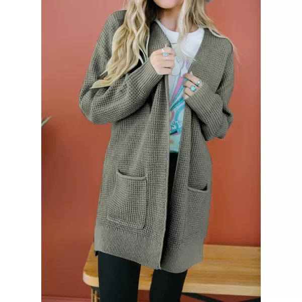 imageZESICA Womens 2023 Fall Casual Long Sleeve Open Front Waffle Knit Sweater Cardigans Coat Outwear with PocketsArmy Green