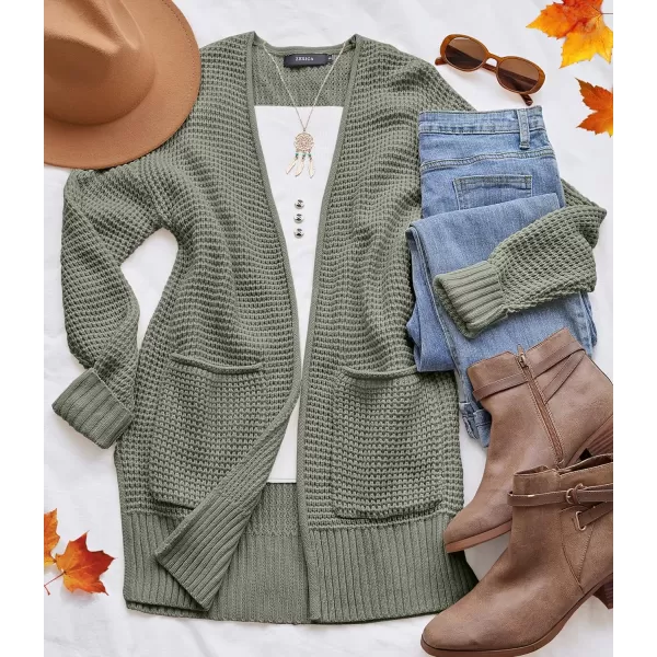 imageZESICA Womens 2023 Fall Casual Long Sleeve Open Front Waffle Knit Sweater Cardigans Coat Outwear with PocketsArmy Green