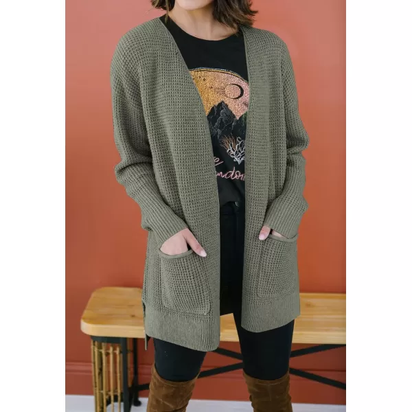imageZESICA Womens 2023 Fall Casual Long Sleeve Open Front Waffle Knit Sweater Cardigans Coat Outwear with PocketsArmy Green