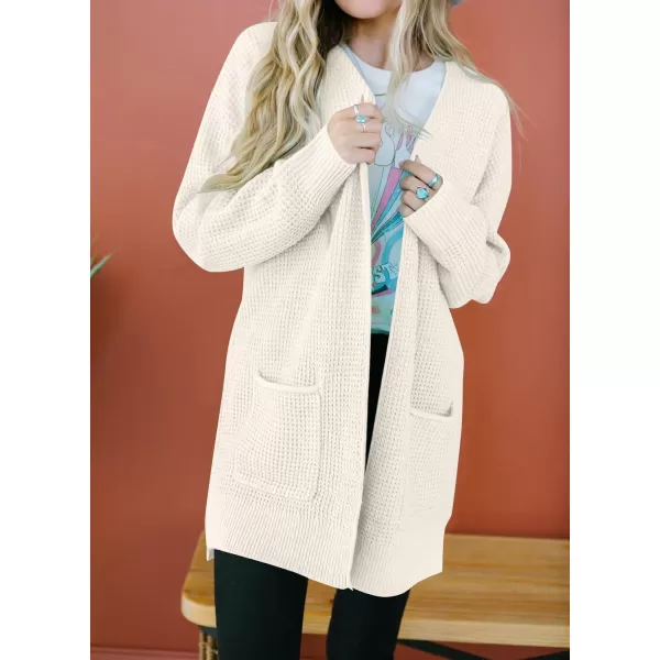 imageZESICA Womens 2023 Fall Casual Long Sleeve Open Front Waffle Knit Sweater Cardigans Coat Outwear with PocketsBeige