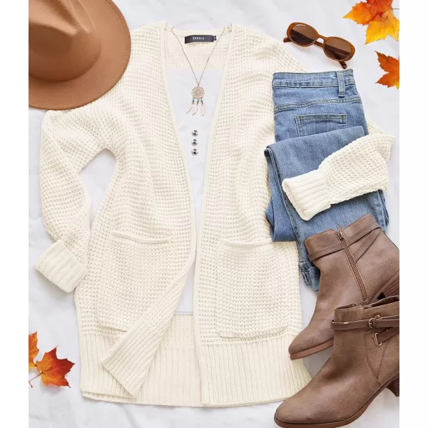 imageZESICA Womens 2023 Fall Casual Long Sleeve Open Front Waffle Knit Sweater Cardigans Coat Outwear with PocketsBeige