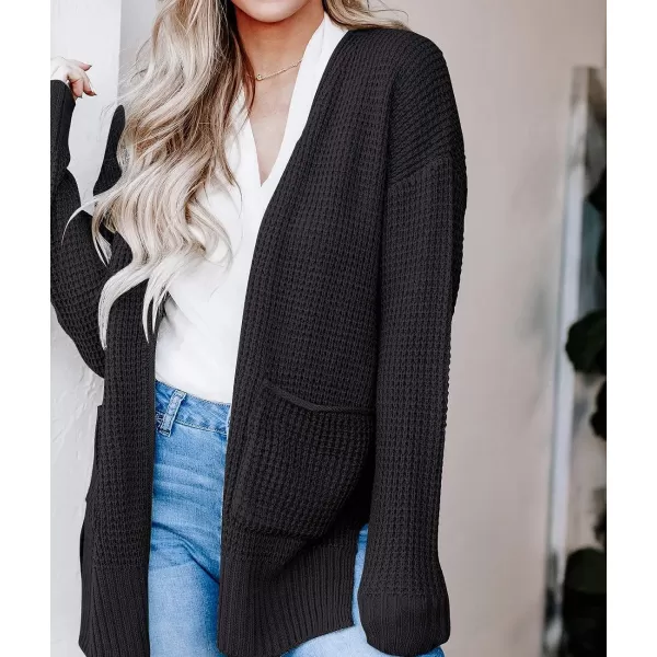 imageZESICA Womens 2023 Fall Casual Long Sleeve Open Front Waffle Knit Sweater Cardigans Coat Outwear with PocketsBlack