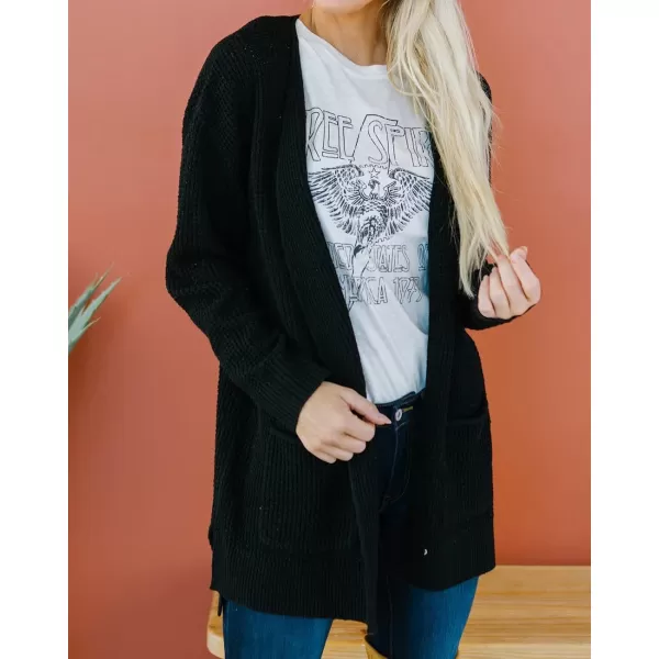 imageZESICA Womens 2023 Fall Casual Long Sleeve Open Front Waffle Knit Sweater Cardigans Coat Outwear with PocketsBlack